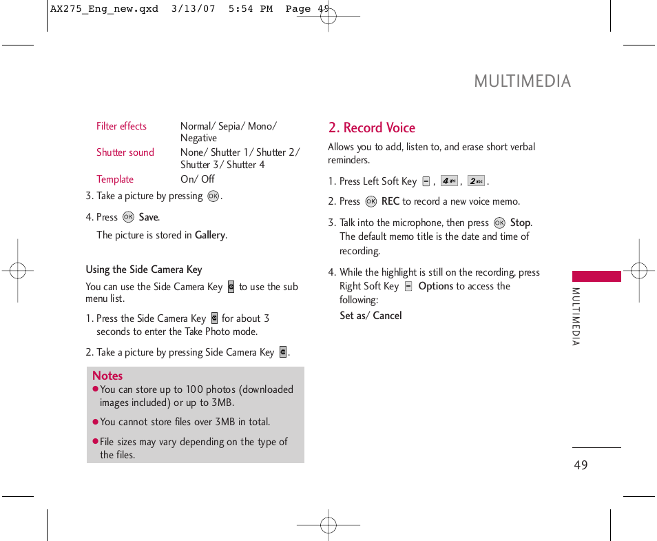 Multimedia, Record voice | LG AX275 User Manual | Page 51 / 99