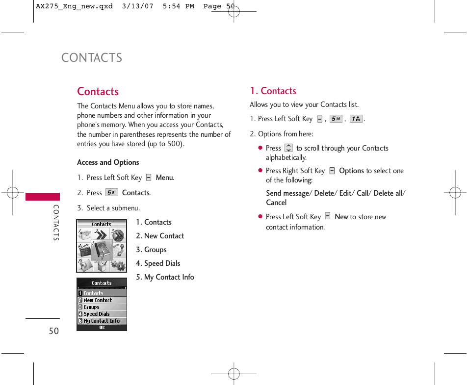 Contacts | LG AX275 User Manual | Page 52 / 99