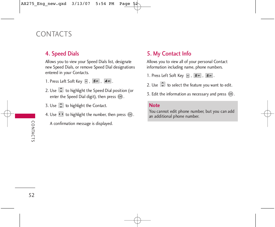 Contacts, Speed dials, My contact info | LG AX275 User Manual | Page 54 / 99