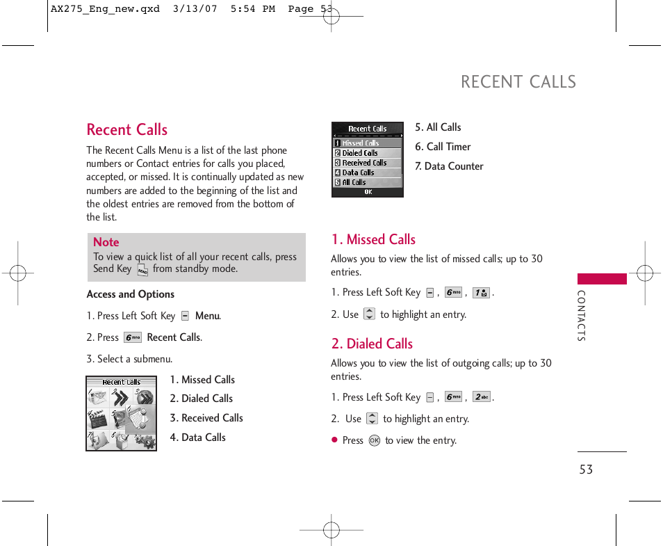 Recent calls, Missed calls, Dialed calls | LG AX275 User Manual | Page 55 / 99