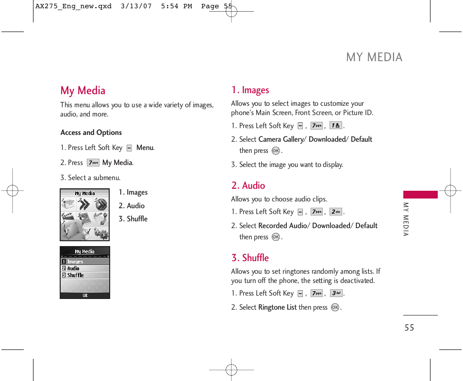 My media, Images, Audio | Shuffle | LG AX275 User Manual | Page 57 / 99