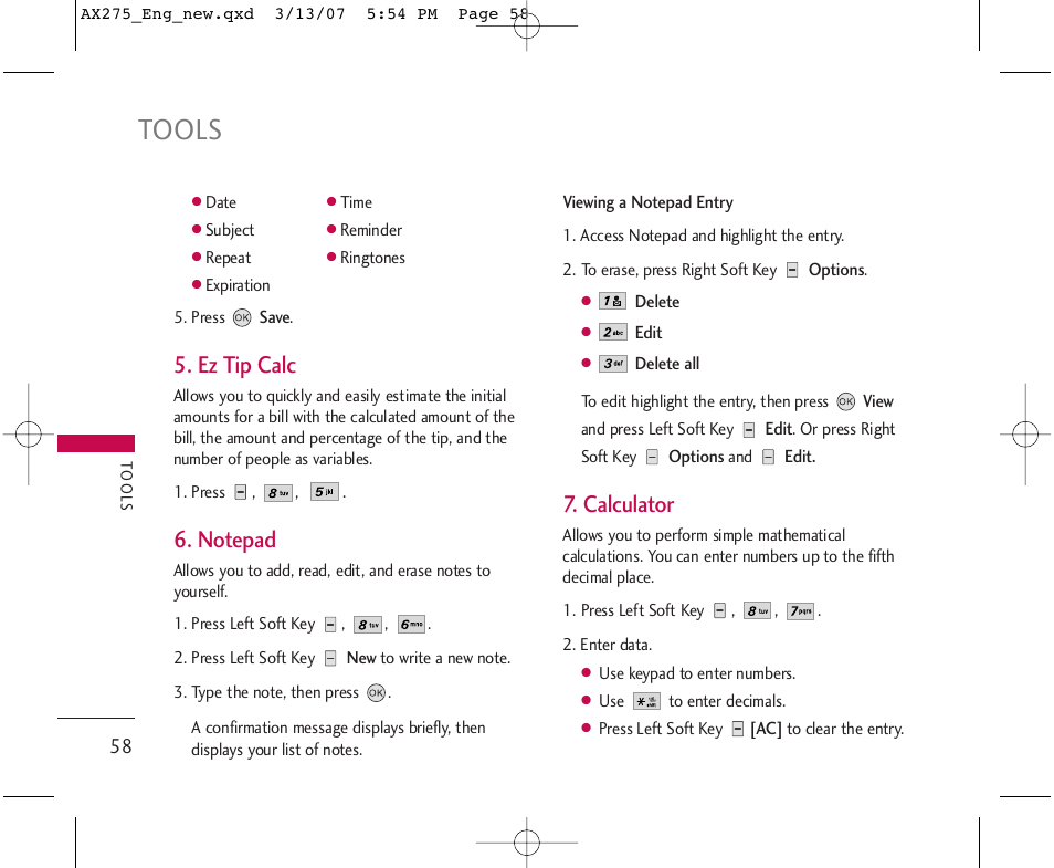 Tools, Ez tip calc, Calculator | LG AX275 User Manual | Page 60 / 99