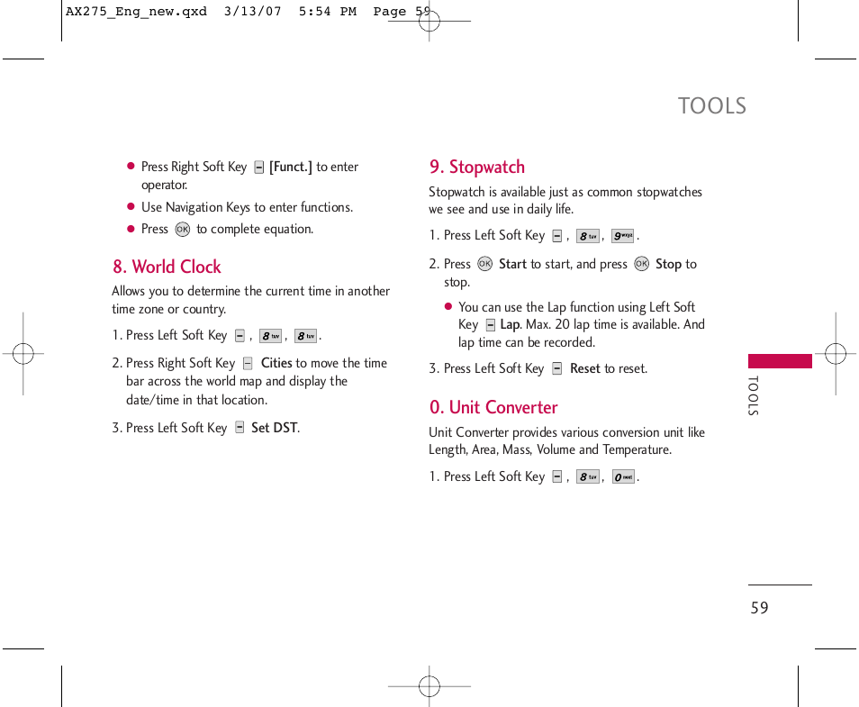 Tools, World clock, Stopwatch | Unit converter | LG AX275 User Manual | Page 61 / 99