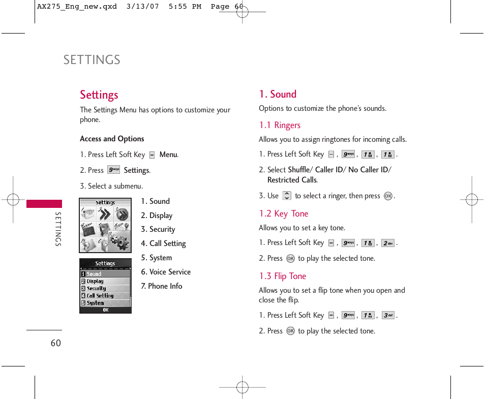 Settings, Sound | LG AX275 User Manual | Page 62 / 99