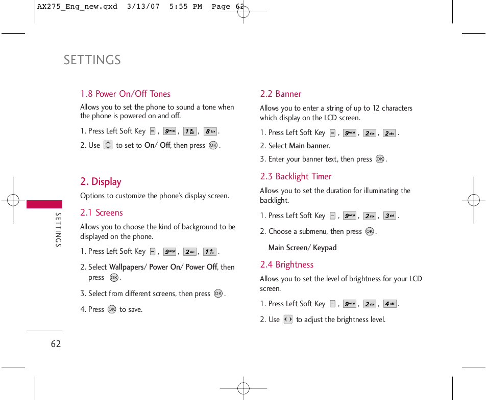 Settings, Display | LG AX275 User Manual | Page 64 / 99