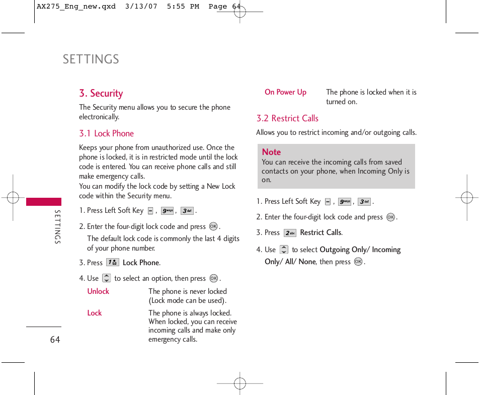 Settings, Security | LG AX275 User Manual | Page 66 / 99