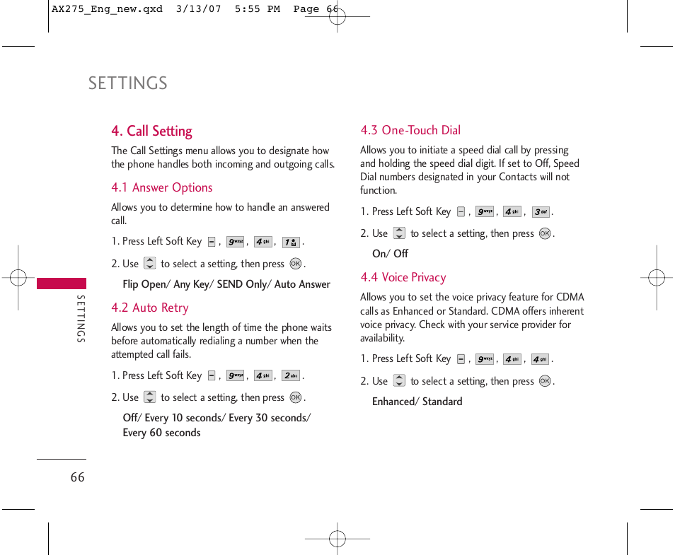 Settings, Call setting | LG AX275 User Manual | Page 68 / 99