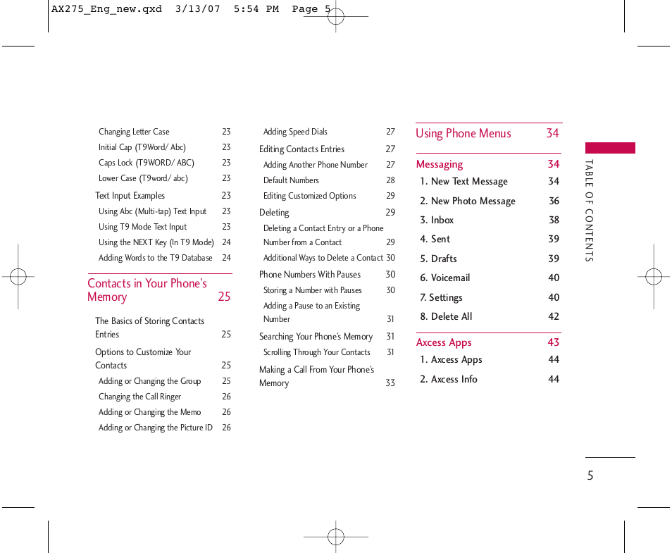 Using phone menus 34 | LG AX275 User Manual | Page 7 / 99