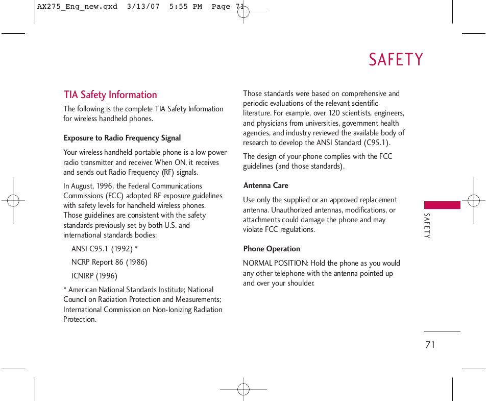 Safety, Tia safety information | LG AX275 User Manual | Page 73 / 99