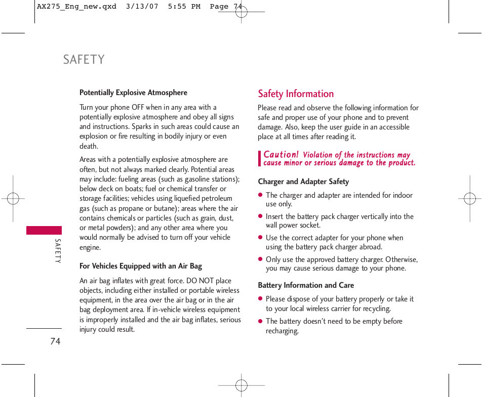 Safety, Safety information | LG AX275 User Manual | Page 76 / 99