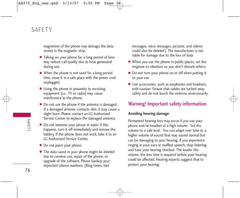 Safety, Warning! important safety information | LG AX275 User Manual | Page 78 / 99