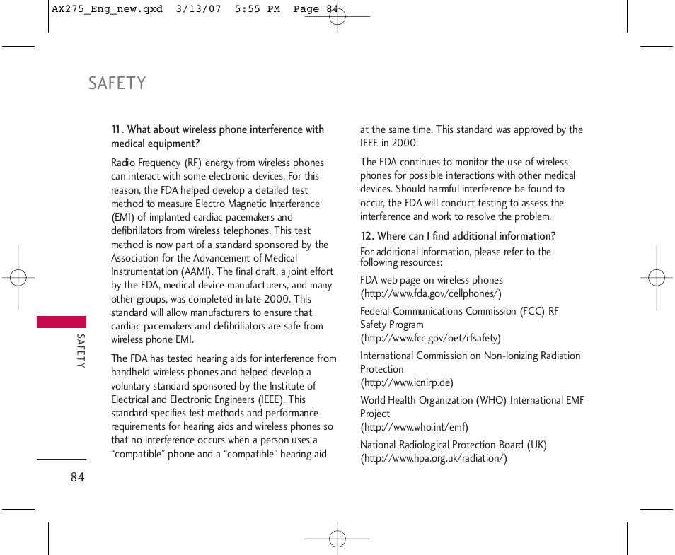 Safety | LG AX275 User Manual | Page 86 / 99