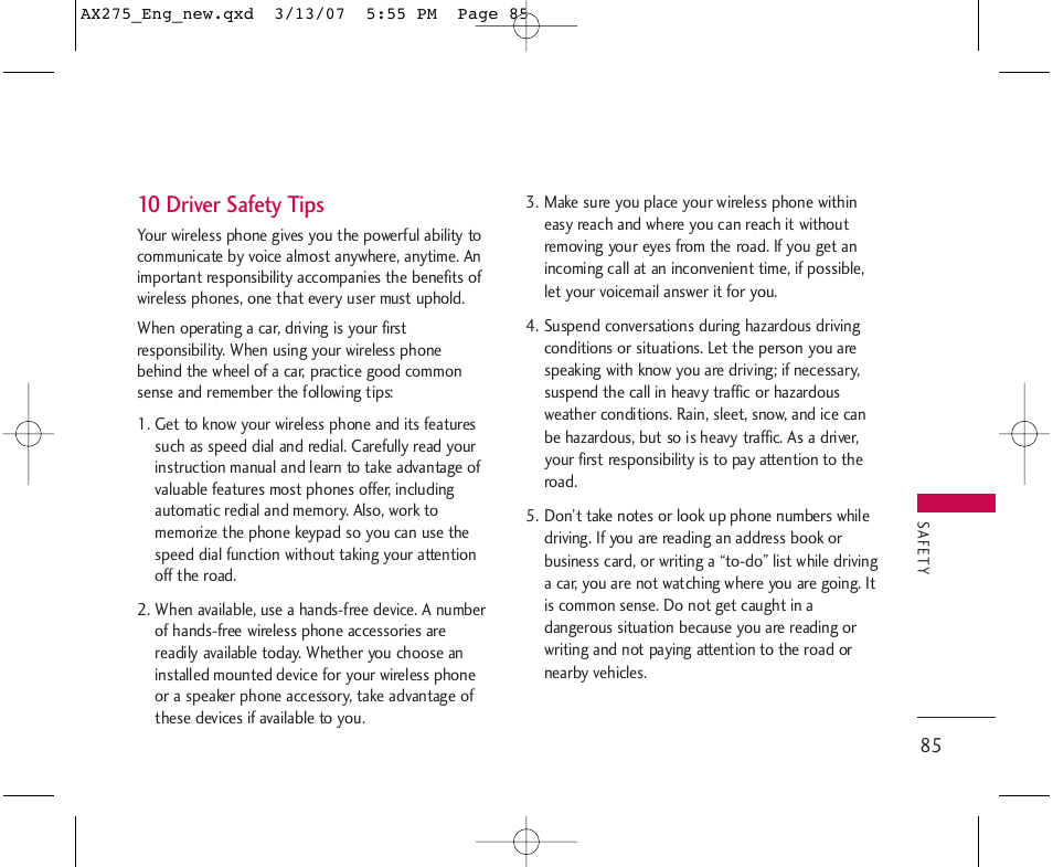 10 driver safety tips | LG AX275 User Manual | Page 87 / 99