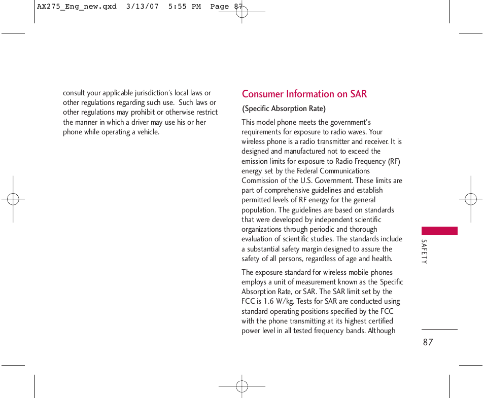Consumer information on sar | LG AX275 User Manual | Page 89 / 99