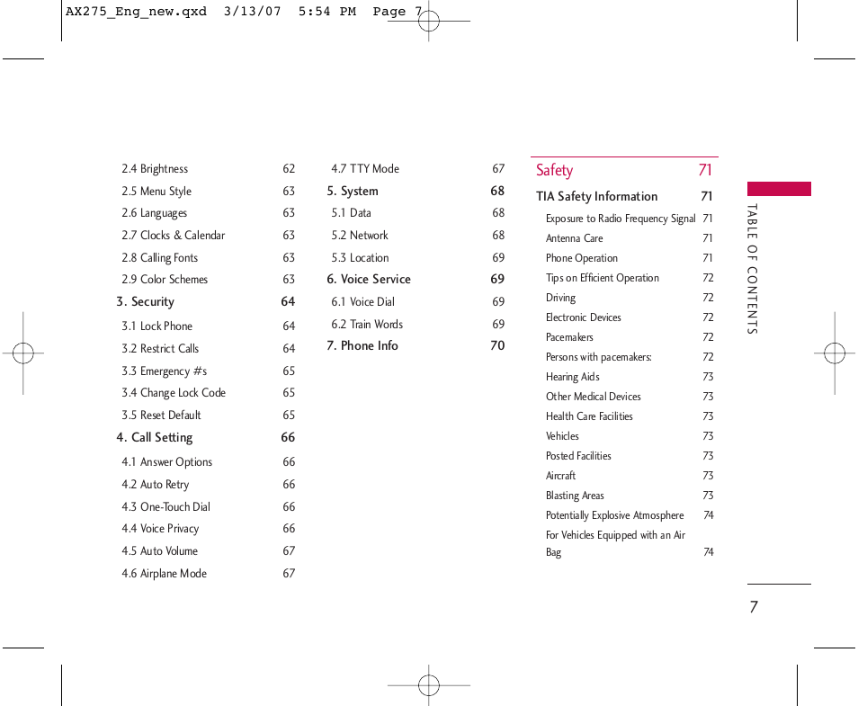 Safety 71 | LG AX275 User Manual | Page 9 / 99