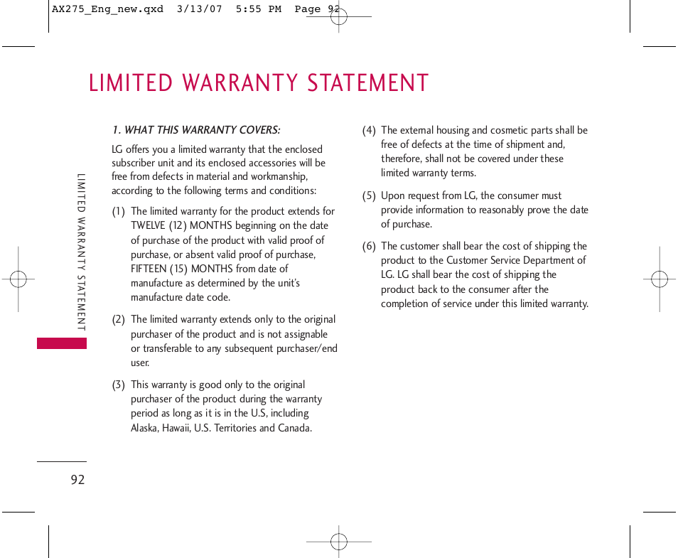 Limited warranty statement | LG AX275 User Manual | Page 94 / 99