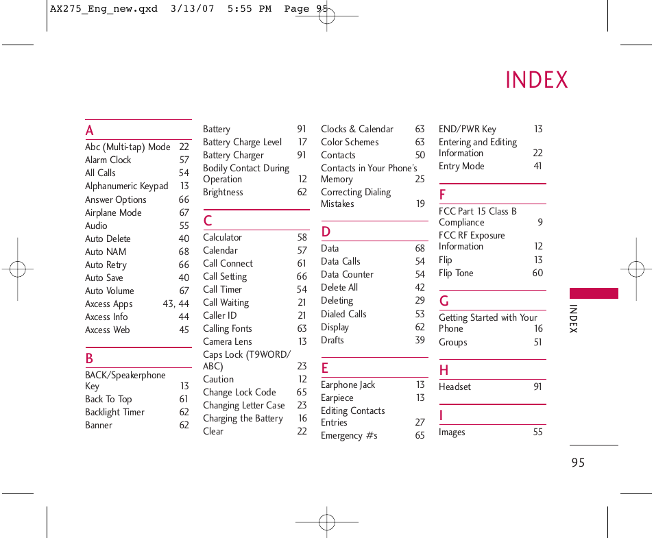 Index | LG AX275 User Manual | Page 97 / 99