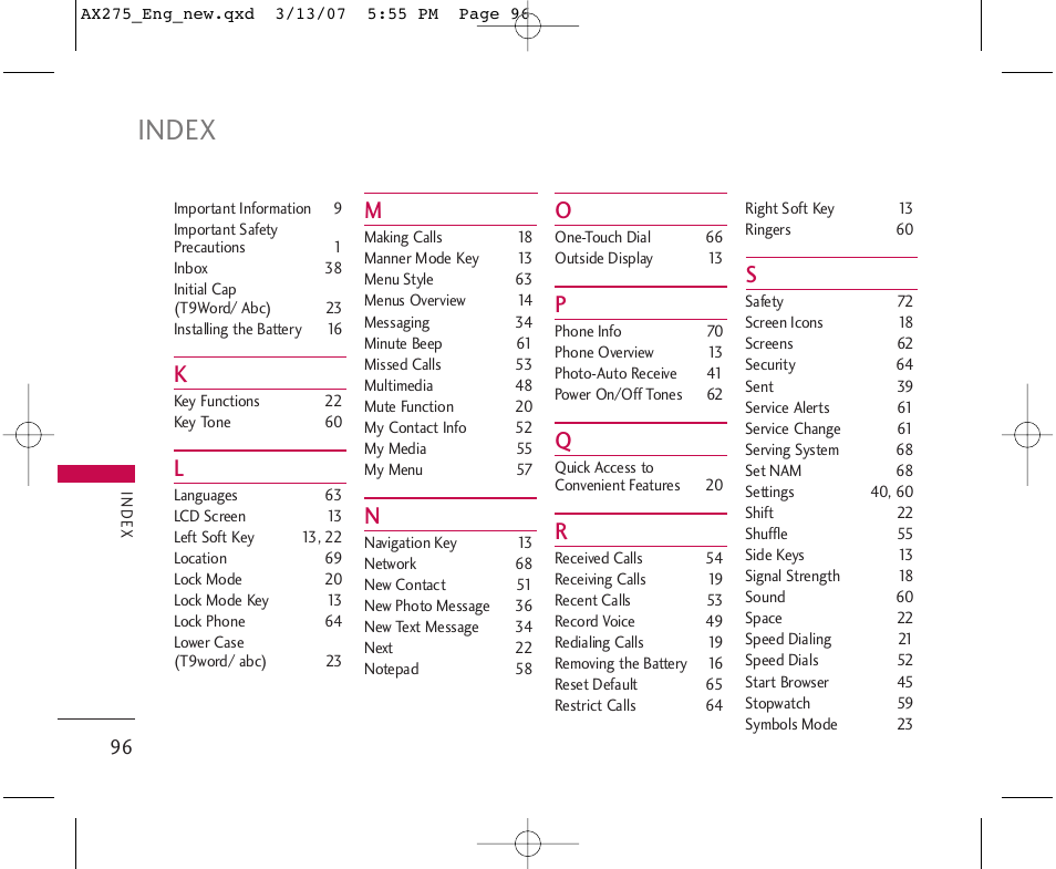 Index | LG AX275 User Manual | Page 98 / 99
