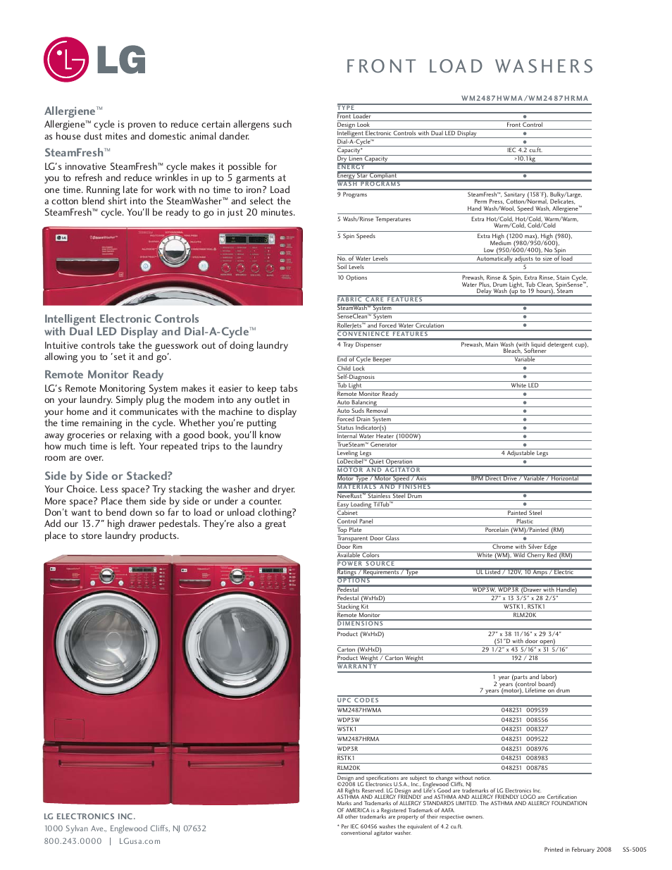 Allergiene, Steamfresh, Remote monitor ready | Side by side or stacked, Lg's innovative steamfresh, And select the steamfresh, Cycle. you'll be ready to go in just 20 minutes | LG WM2487HRMA User Manual | Page 2 / 2