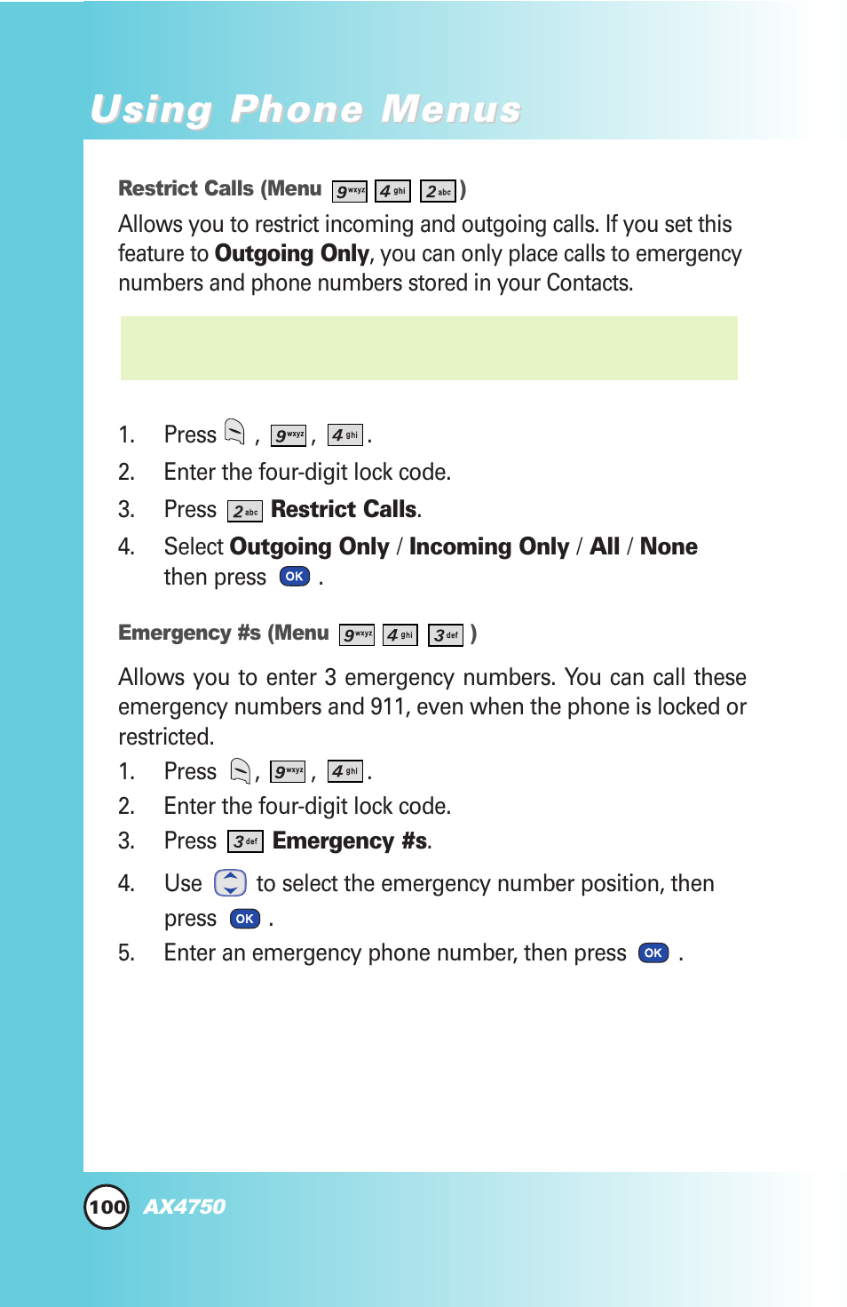 Using phone menus | LG AX4750 User Manual | Page 100 / 137