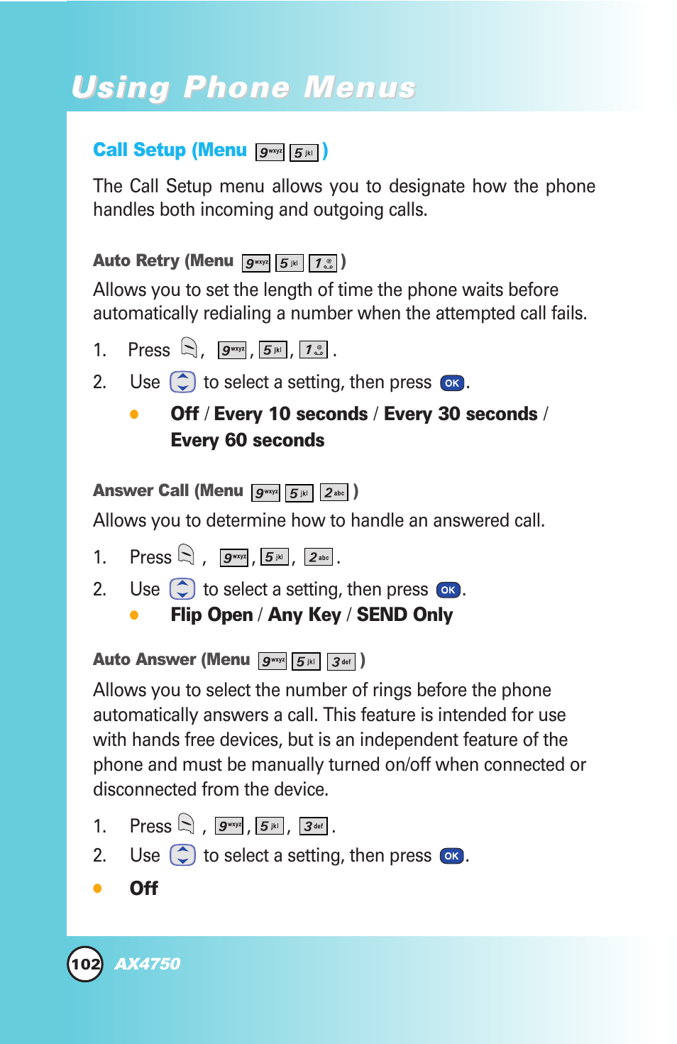 Using phone menus | LG AX4750 User Manual | Page 102 / 137