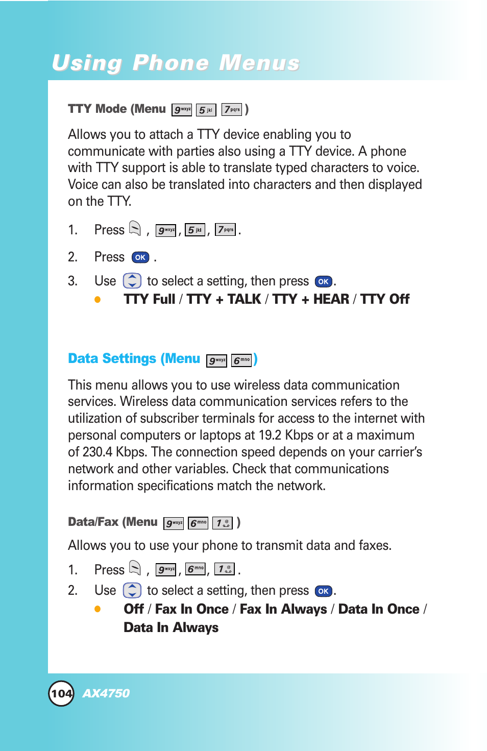 Using phone menus | LG AX4750 User Manual | Page 104 / 137