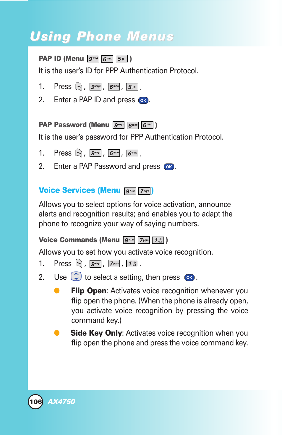 Using phone menus | LG AX4750 User Manual | Page 106 / 137