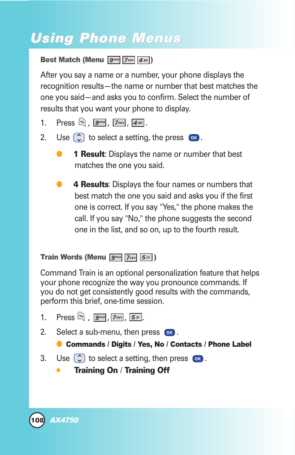 Using phone menus | LG AX4750 User Manual | Page 108 / 137