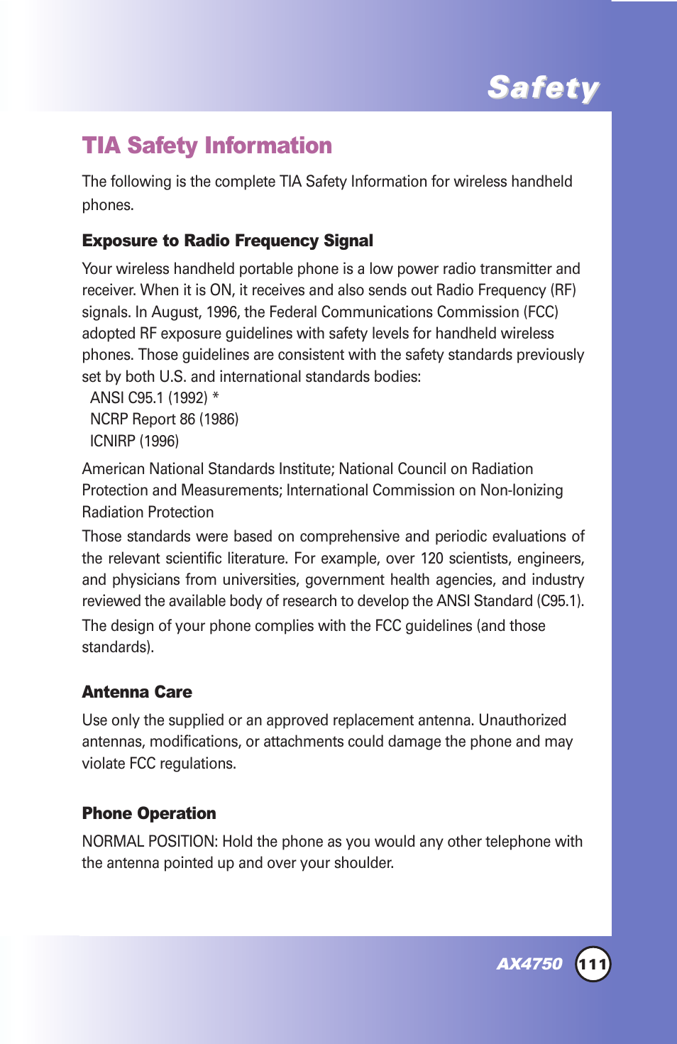 Safety, Tia safety information | LG AX4750 User Manual | Page 111 / 137