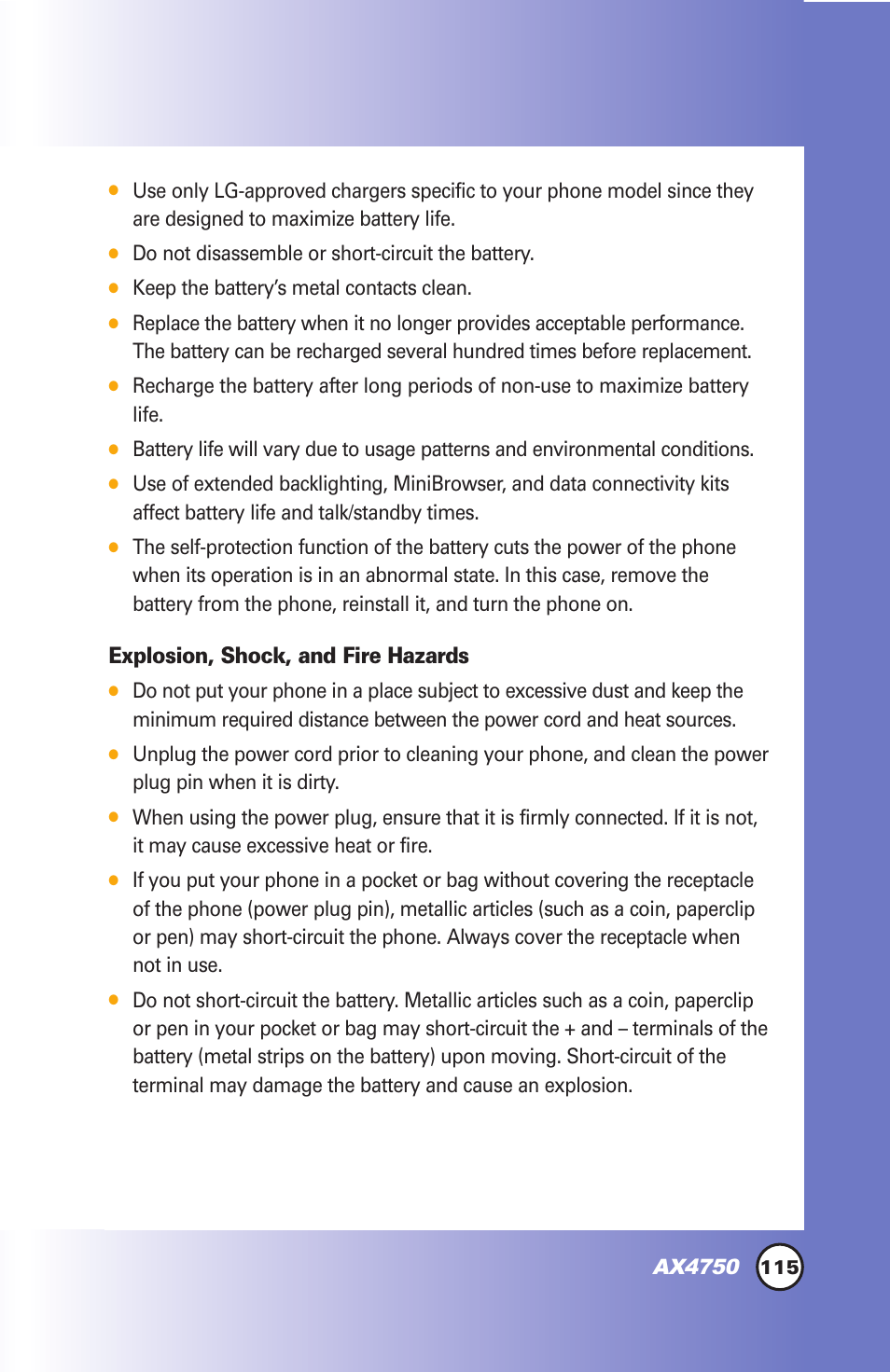 Explosion, shock, and fire hazards, Ax4750 | LG AX4750 User Manual | Page 115 / 137