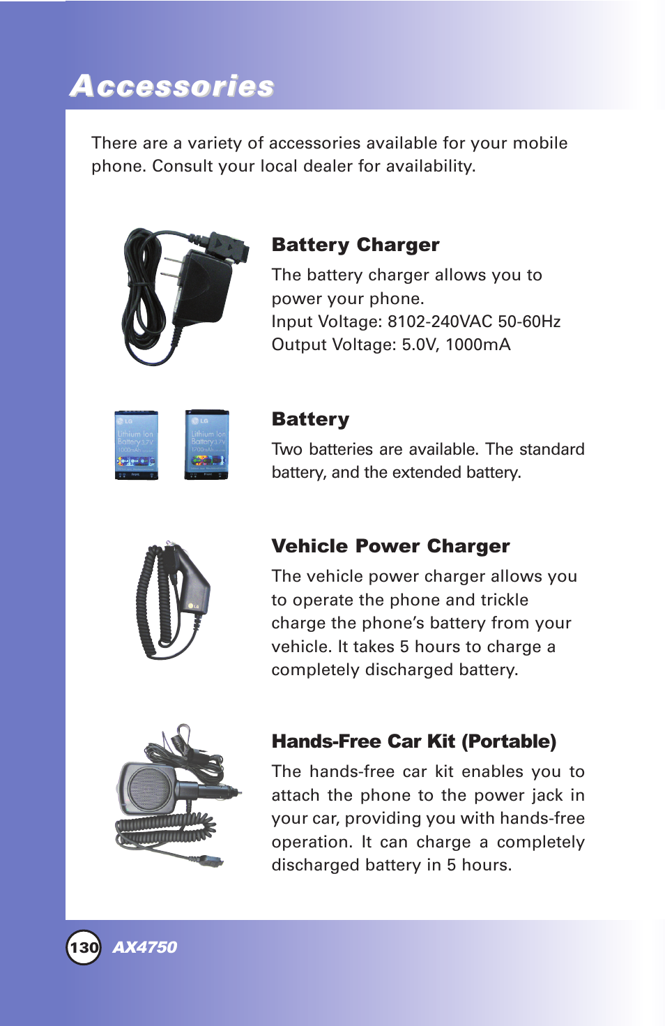 Accessories | LG AX4750 User Manual | Page 130 / 137