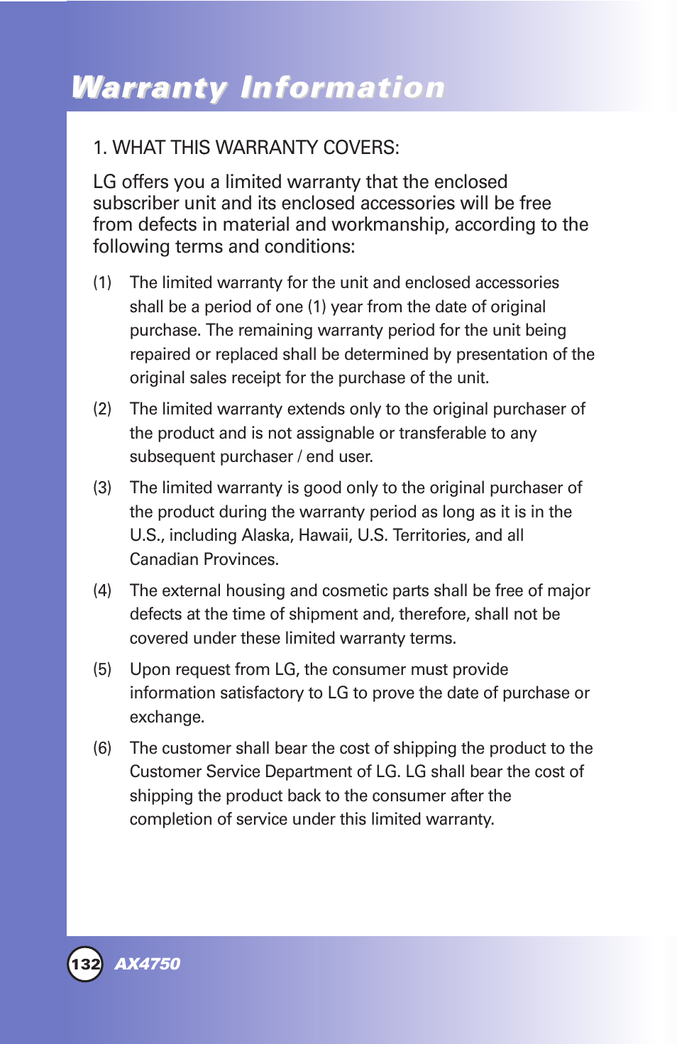 War ar ranty infor ranty infor mation mation | LG AX4750 User Manual | Page 132 / 137