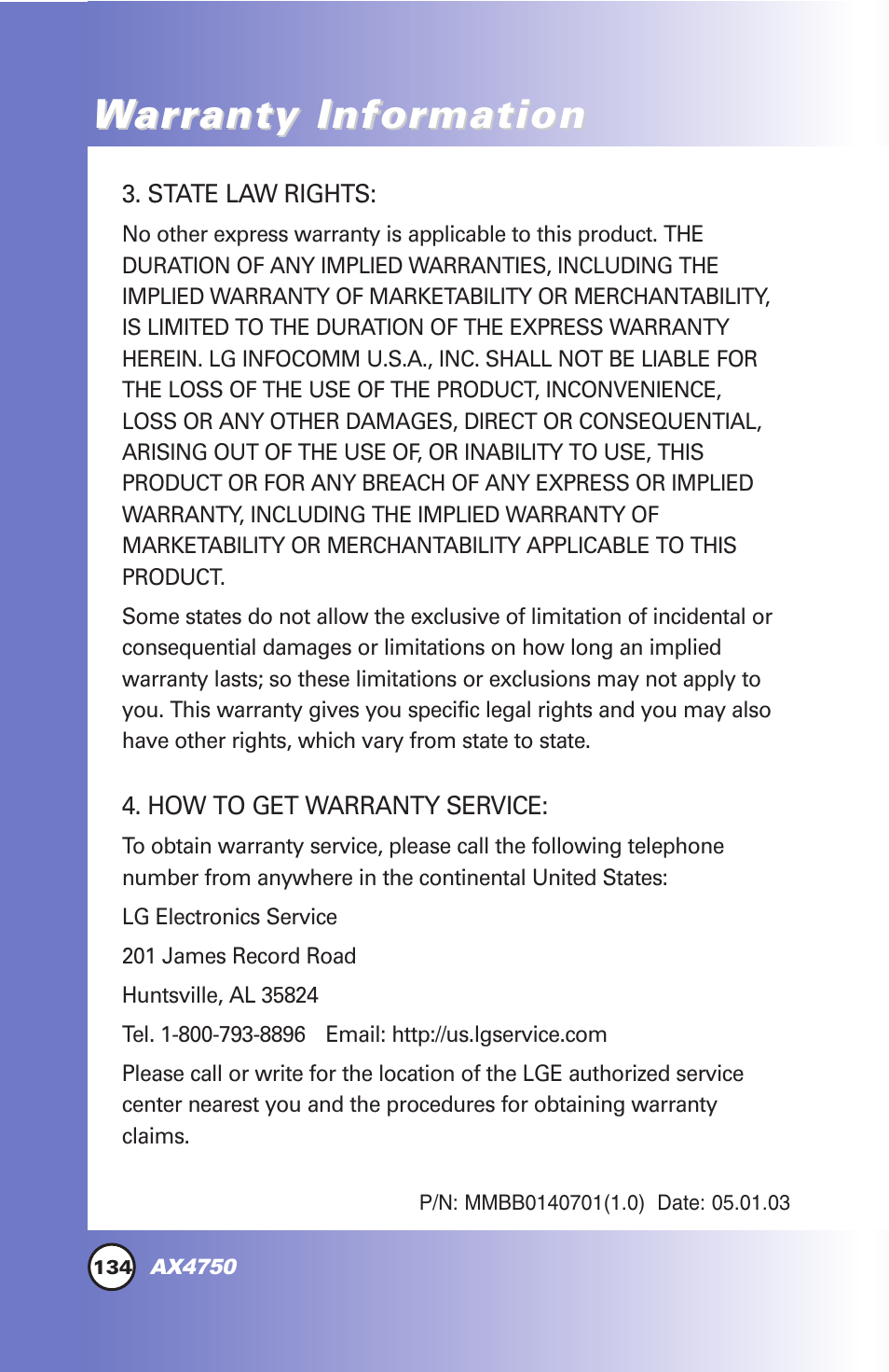 War ar ranty infor ranty infor mation mation | LG AX4750 User Manual | Page 134 / 137