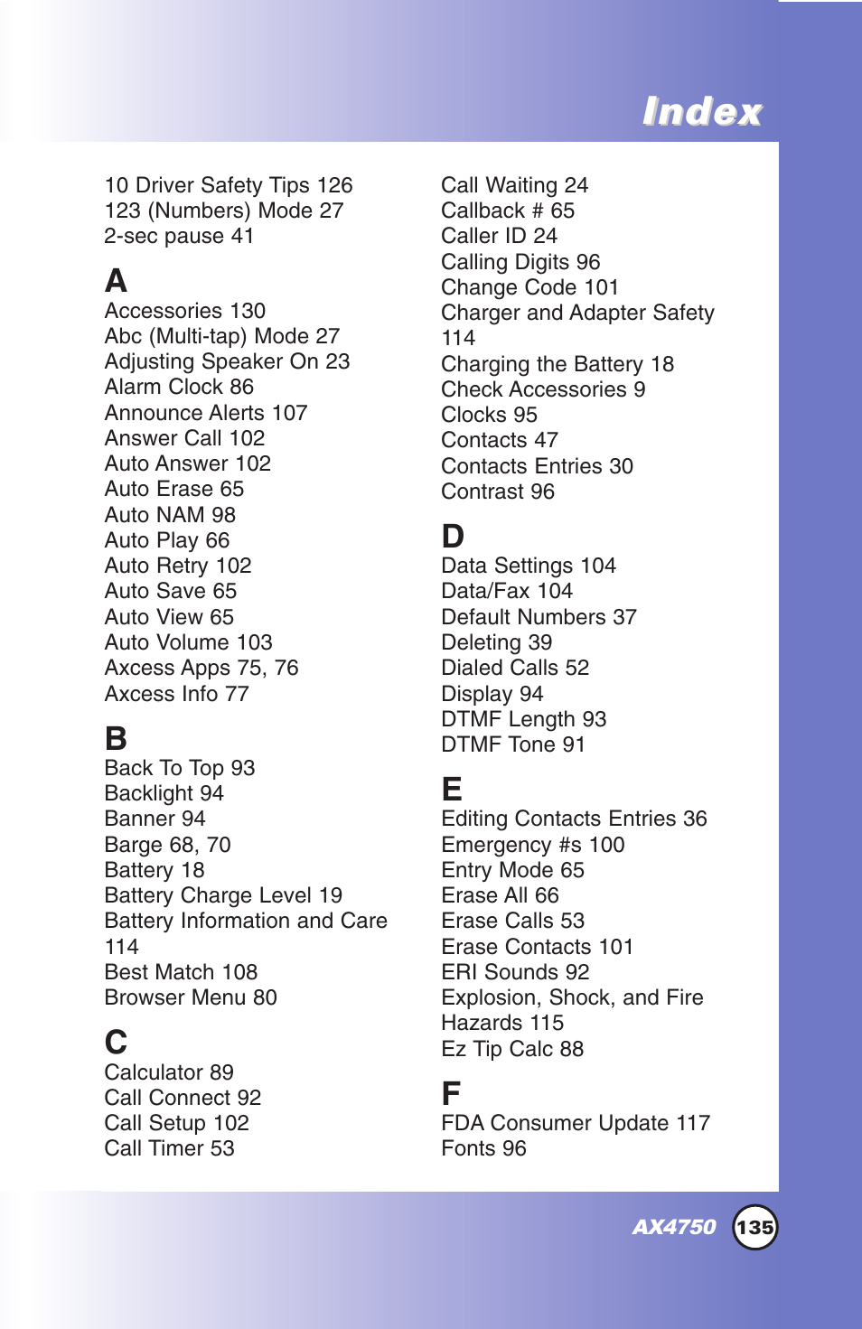 Index | LG AX4750 User Manual | Page 135 / 137