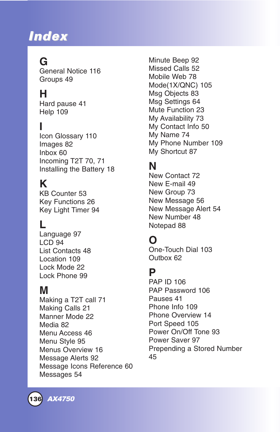 Index | LG AX4750 User Manual | Page 136 / 137