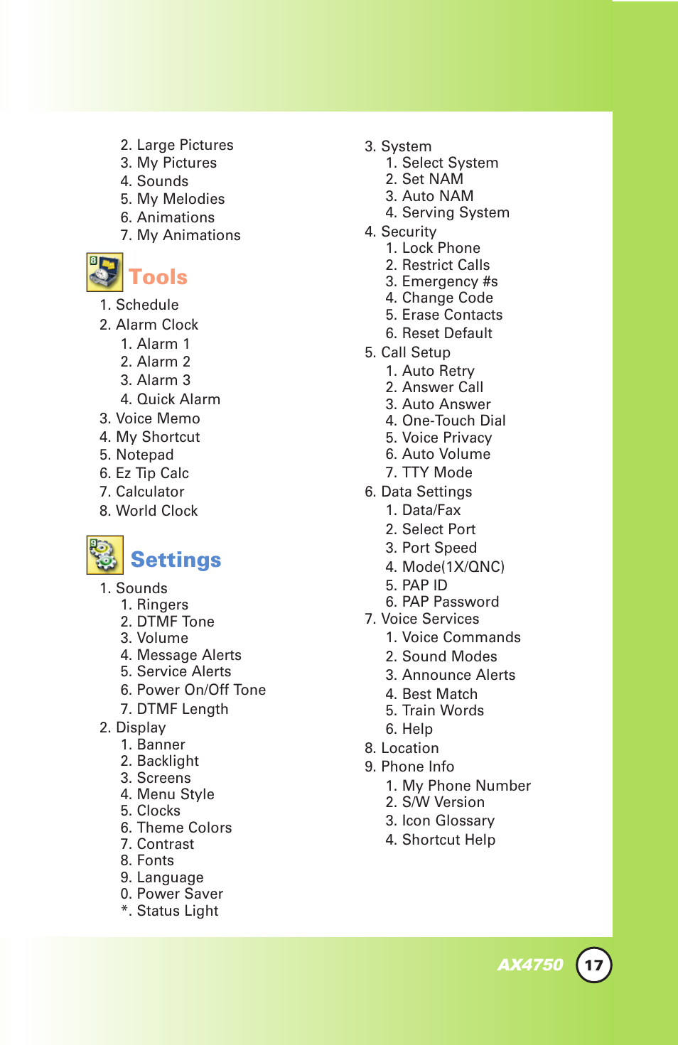 Tools, Settings | LG AX4750 User Manual | Page 17 / 137