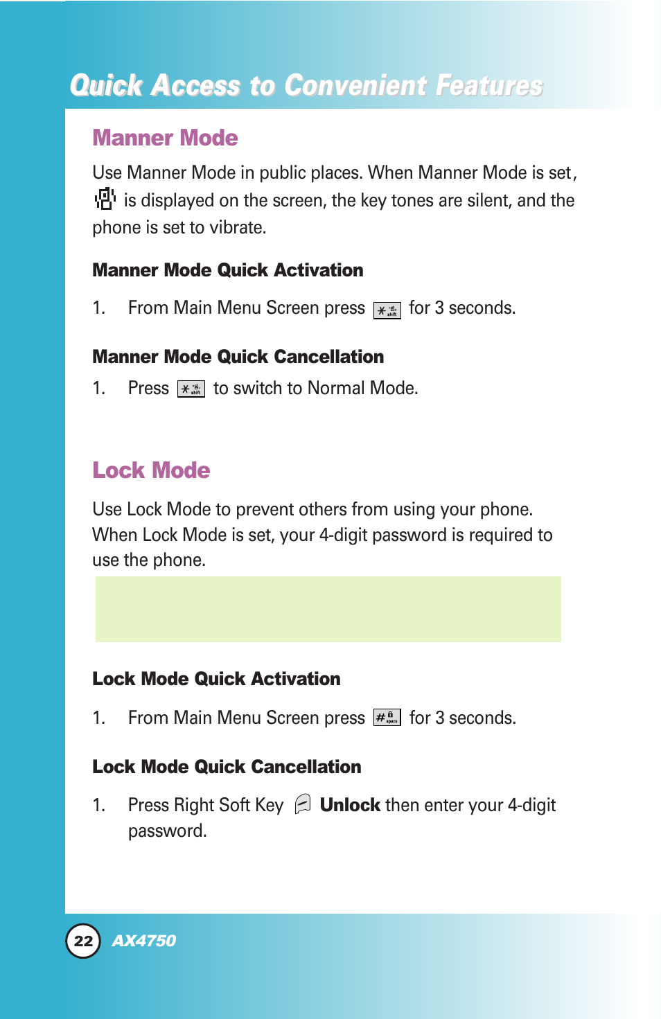 Quick access to convenient featur, Quick access to convenient featur es es, Manner mode | Lock mode | LG AX4750 User Manual | Page 22 / 137