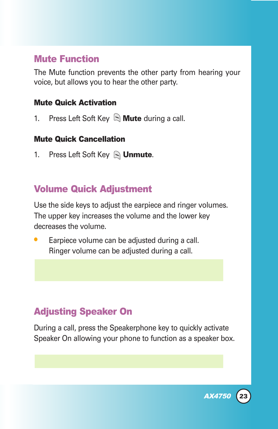 Mute function, Volume quick adjustment, Adjusting speaker on | LG AX4750 User Manual | Page 23 / 137