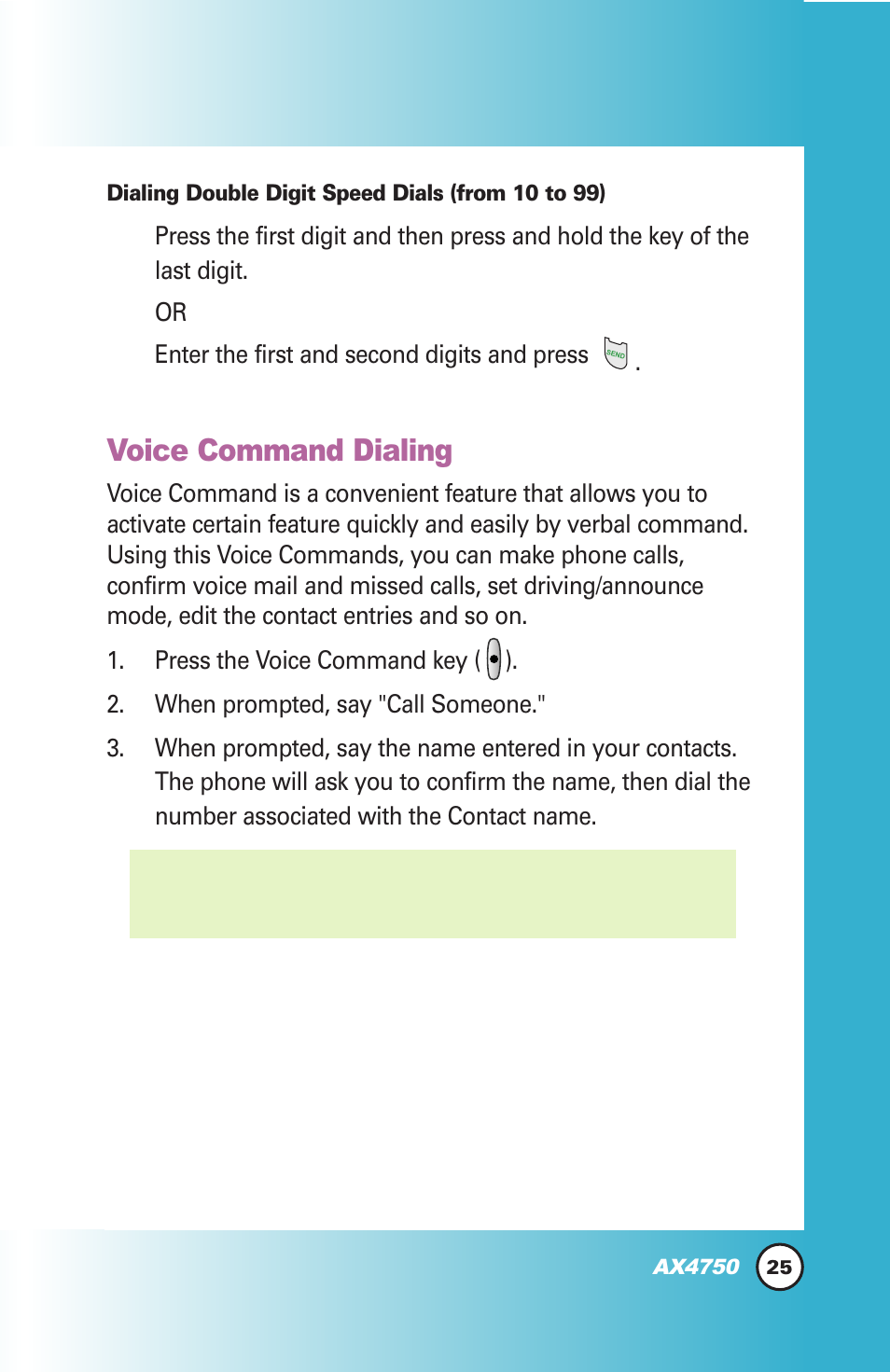 Voice command dialing | LG AX4750 User Manual | Page 25 / 137