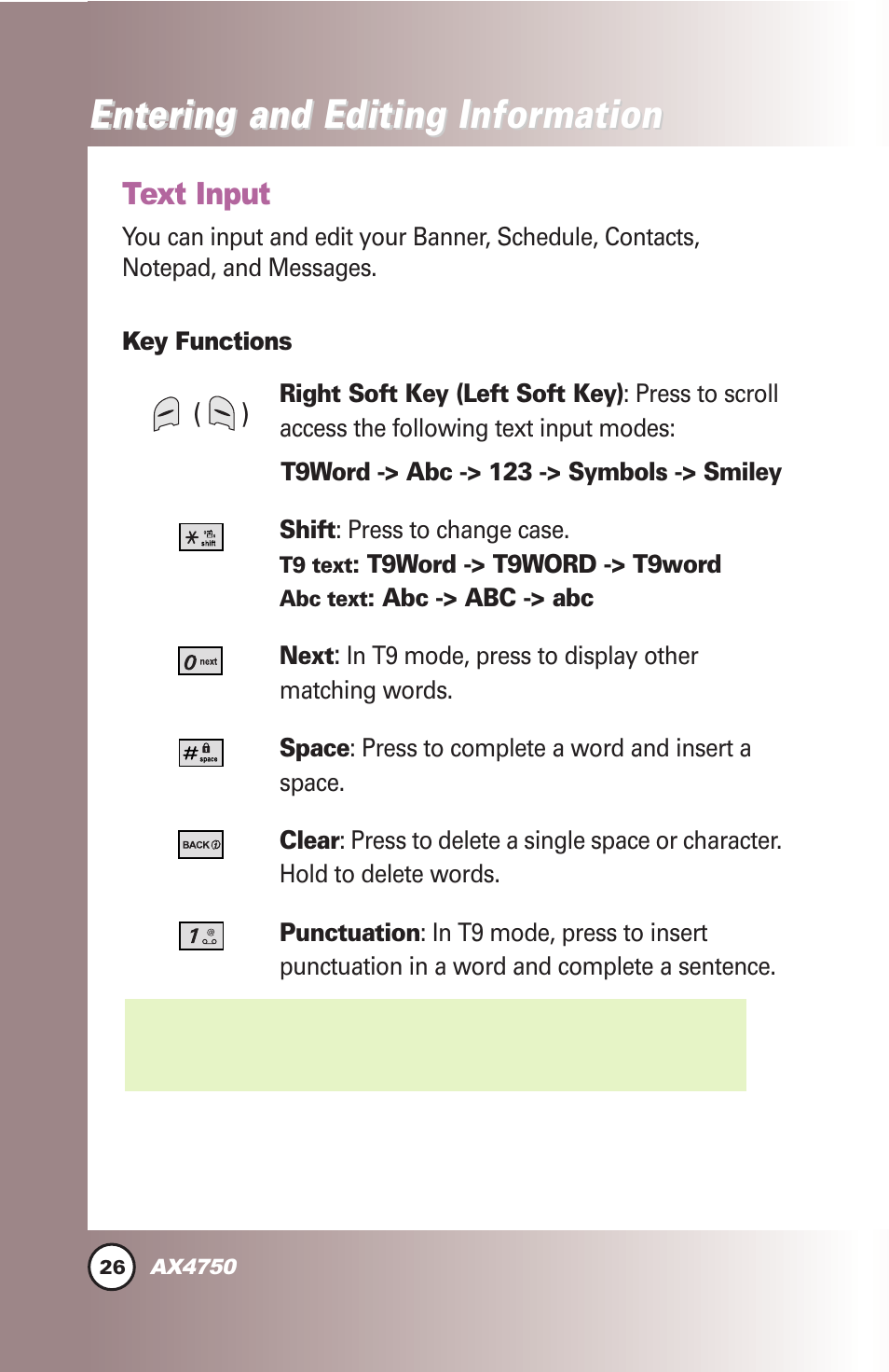 Entering and editing infor, Entering and editing infor mation mation, Text input | LG AX4750 User Manual | Page 26 / 137