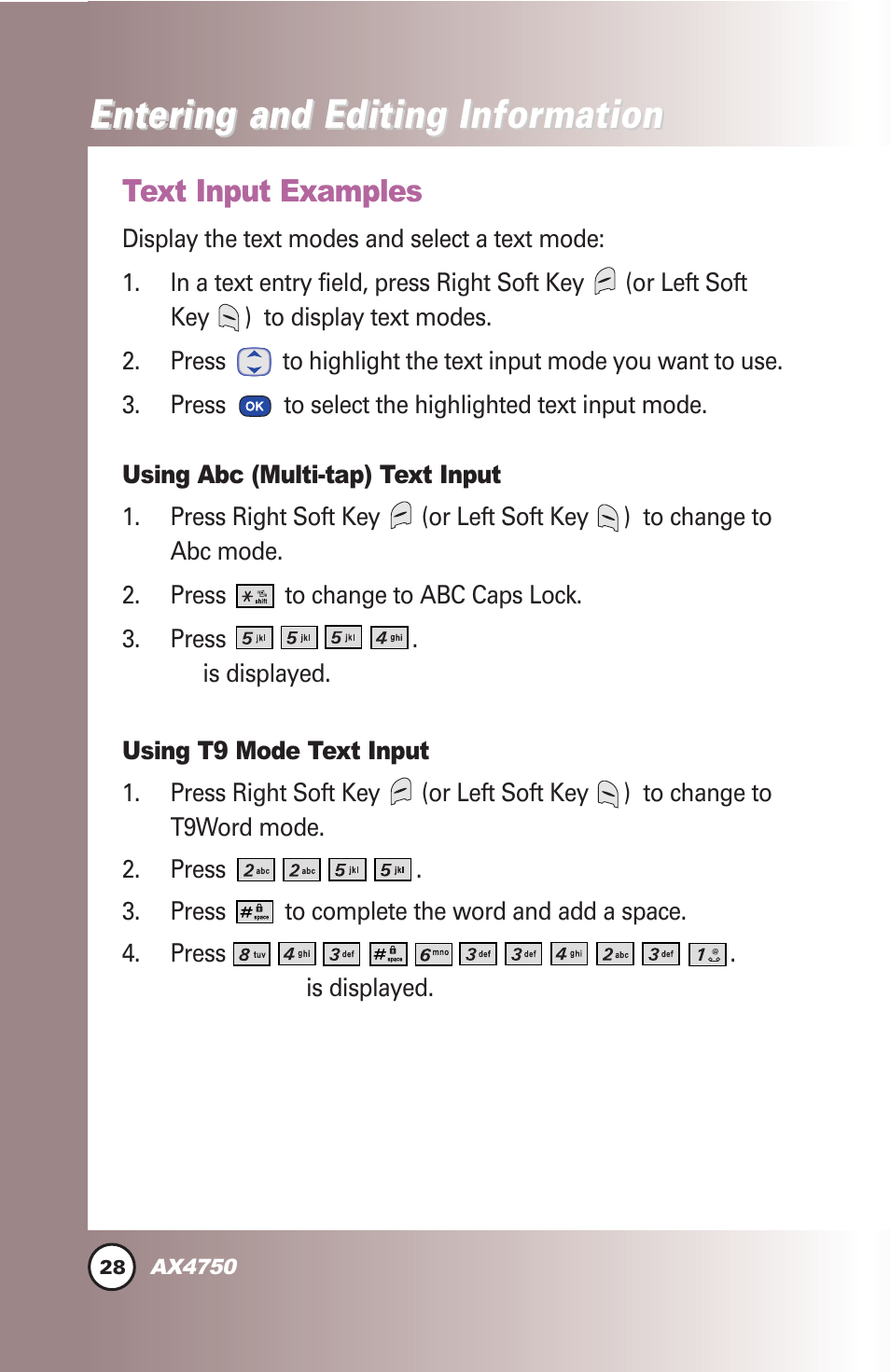 Entering and editing infor, Entering and editing infor mation mation, Text input examples | LG AX4750 User Manual | Page 28 / 137