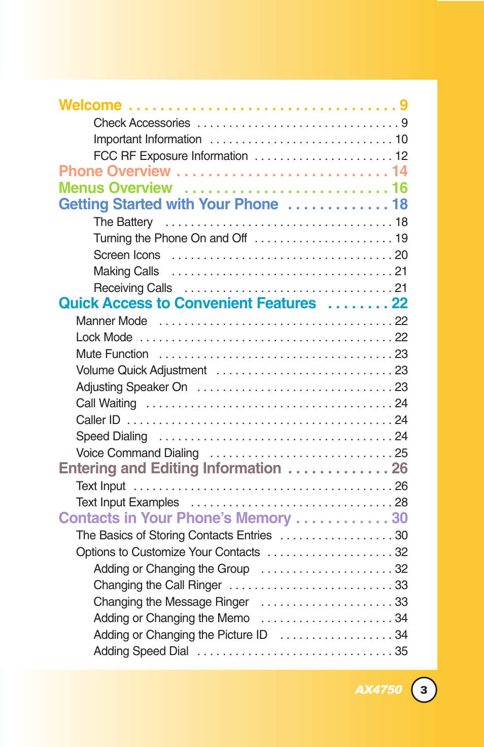 Welcome, Quick access to convenient features, Entering and editing information | LG AX4750 User Manual | Page 3 / 137