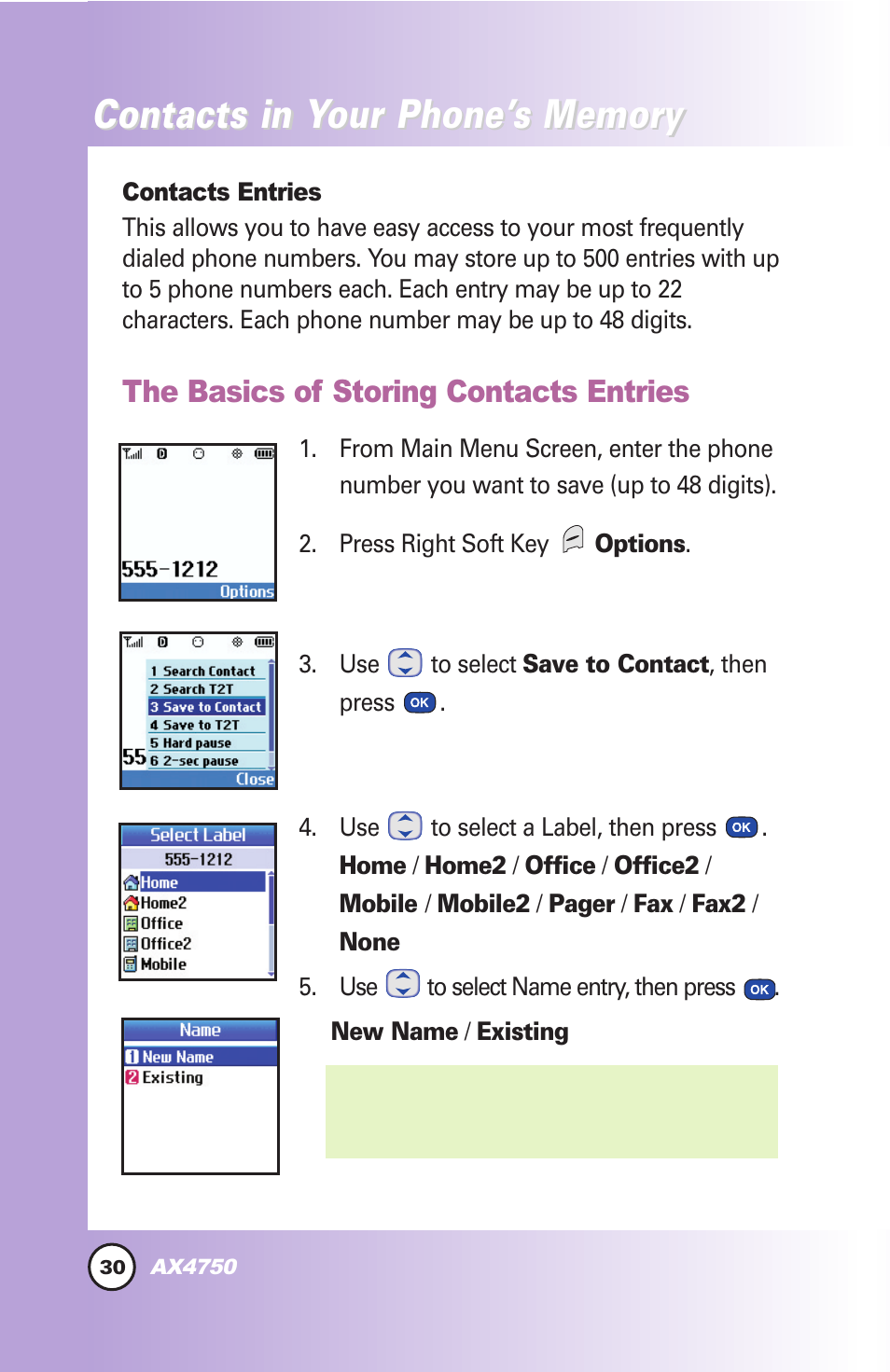 Contacts in y | LG AX4750 User Manual | Page 30 / 137