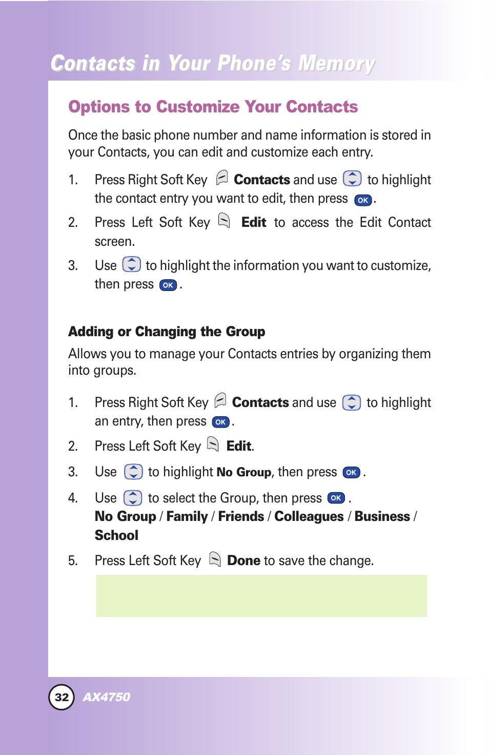 Contacts in y, Options to customize your contacts | LG AX4750 User Manual | Page 32 / 137