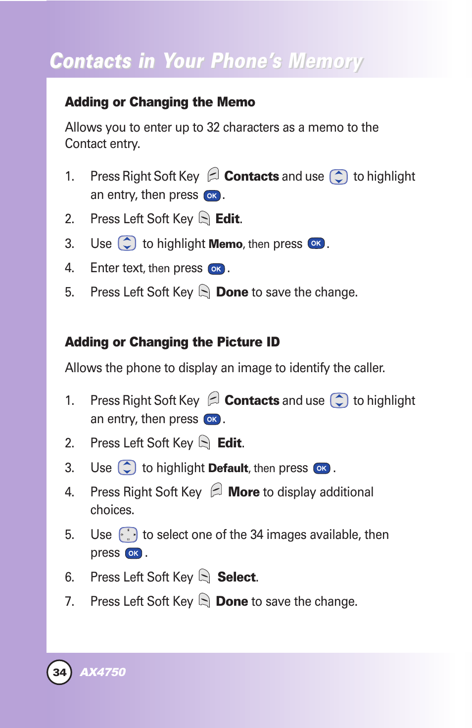 Contacts in y | LG AX4750 User Manual | Page 34 / 137