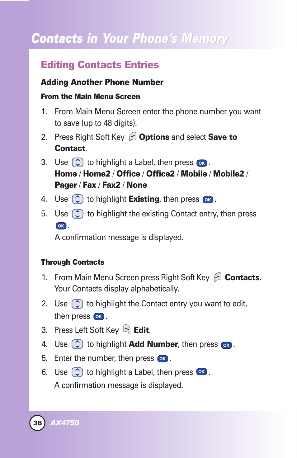 Contacts in y, Editing contacts entries | LG AX4750 User Manual | Page 36 / 137