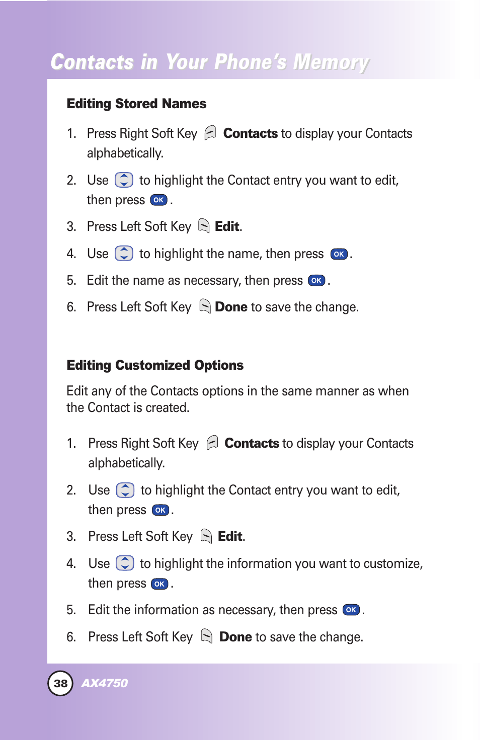 Contacts in y | LG AX4750 User Manual | Page 38 / 137