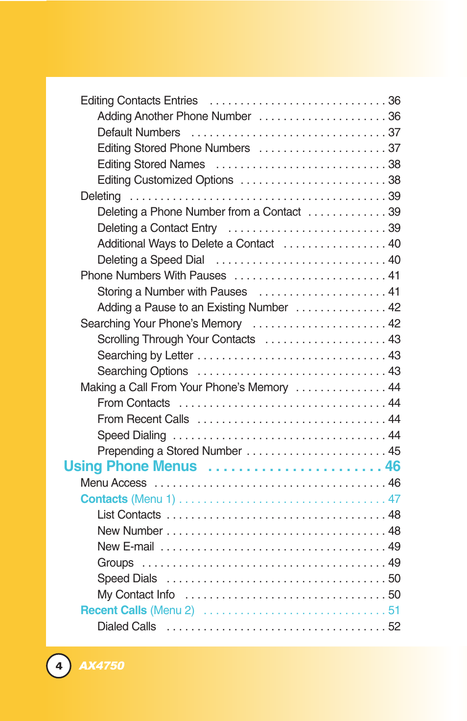 Using phone menus | LG AX4750 User Manual | Page 4 / 137