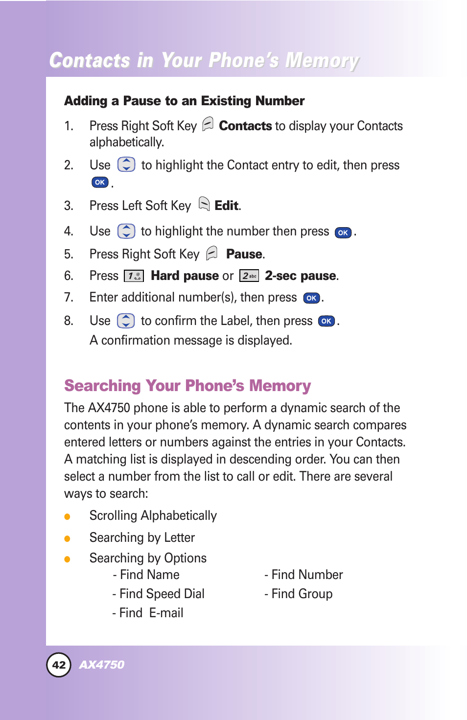 Contacts in y | LG AX4750 User Manual | Page 42 / 137