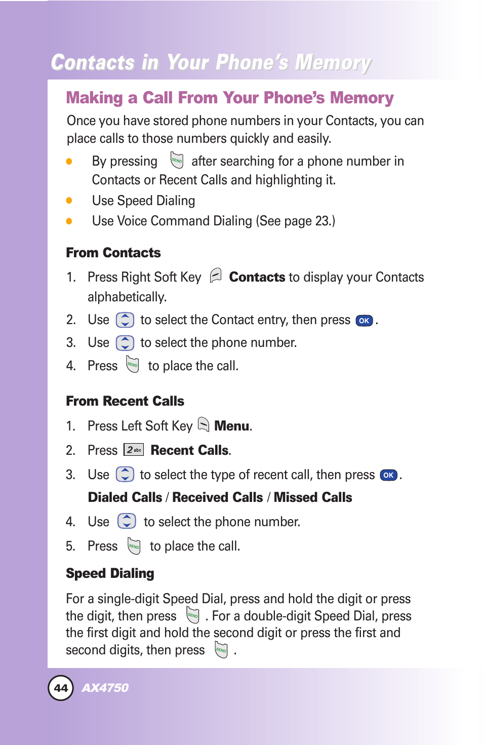 Contacts in y | LG AX4750 User Manual | Page 44 / 137